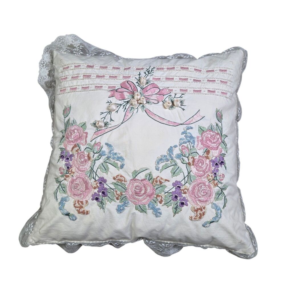Handcrafted Needle Point Throw Pillow French Country Cottagecore Ruffle Lace